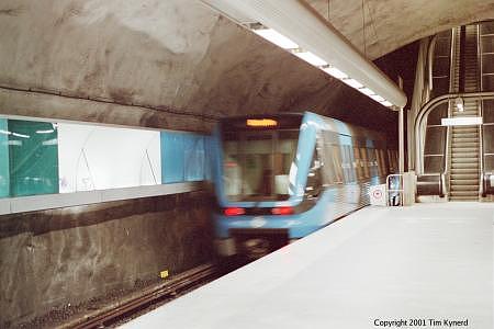Northbound train departing Bagarmossen